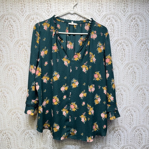 Maurices Tops - Maurices Floral Blouse Women XXL Teal Pink Yellow Ruffle Neck Long Sleeve Top